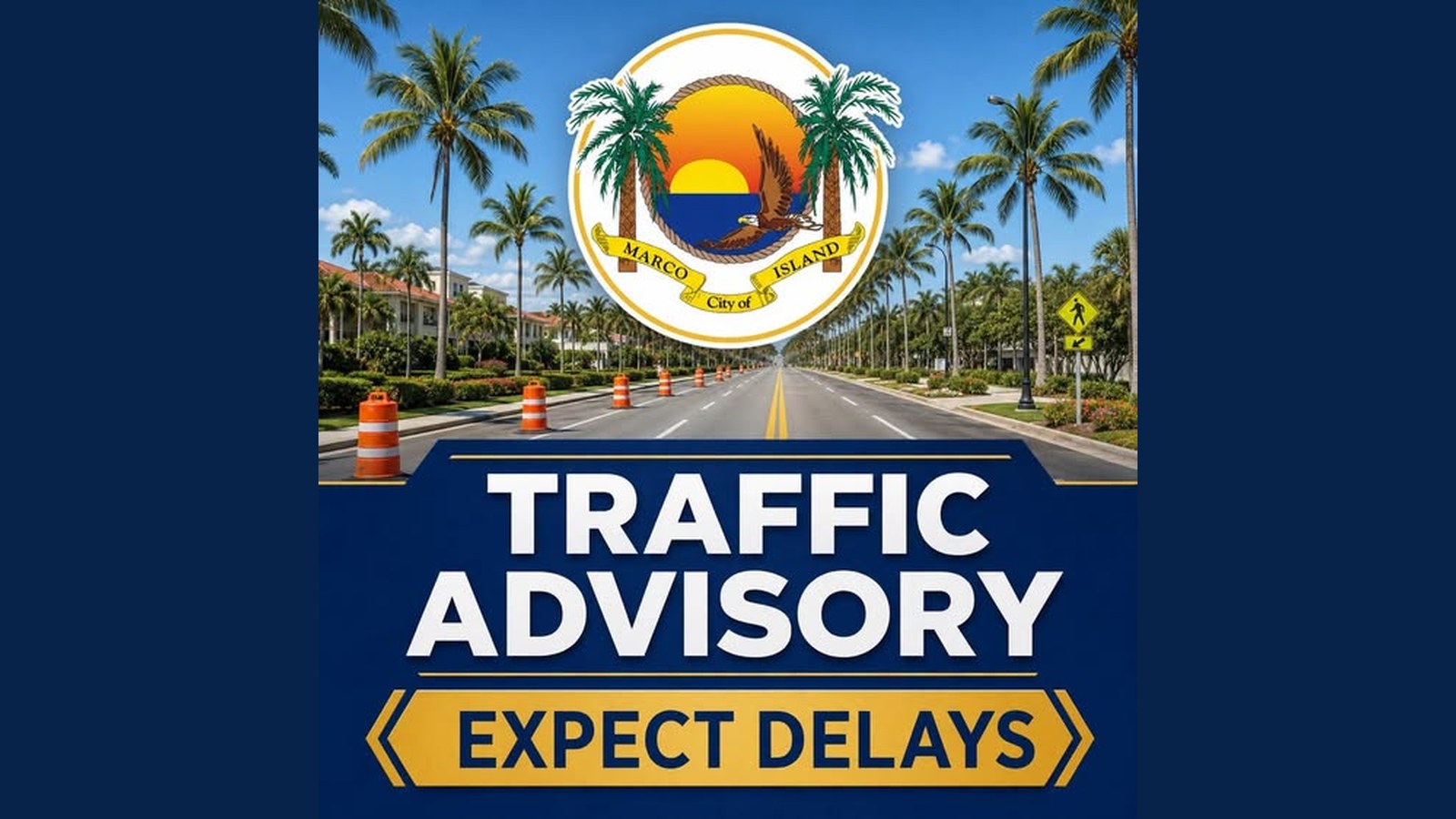 Marco Island's official traffic advisory graphic says to expect delays; it is not a photograph of the vehicle fire.