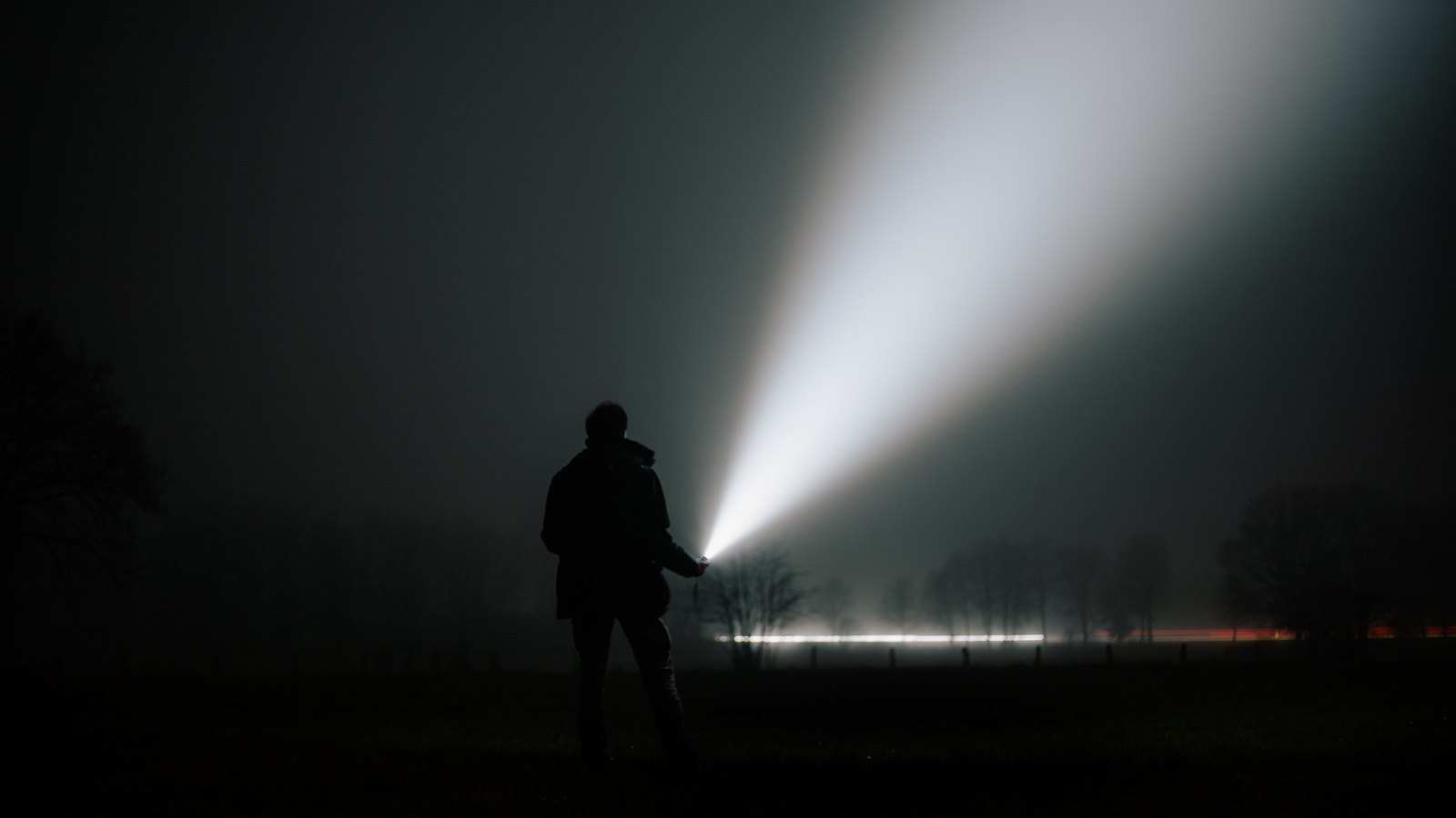 A silhouetted person directs a flashlight beam across a dark foggy field, not a photograph of this search.