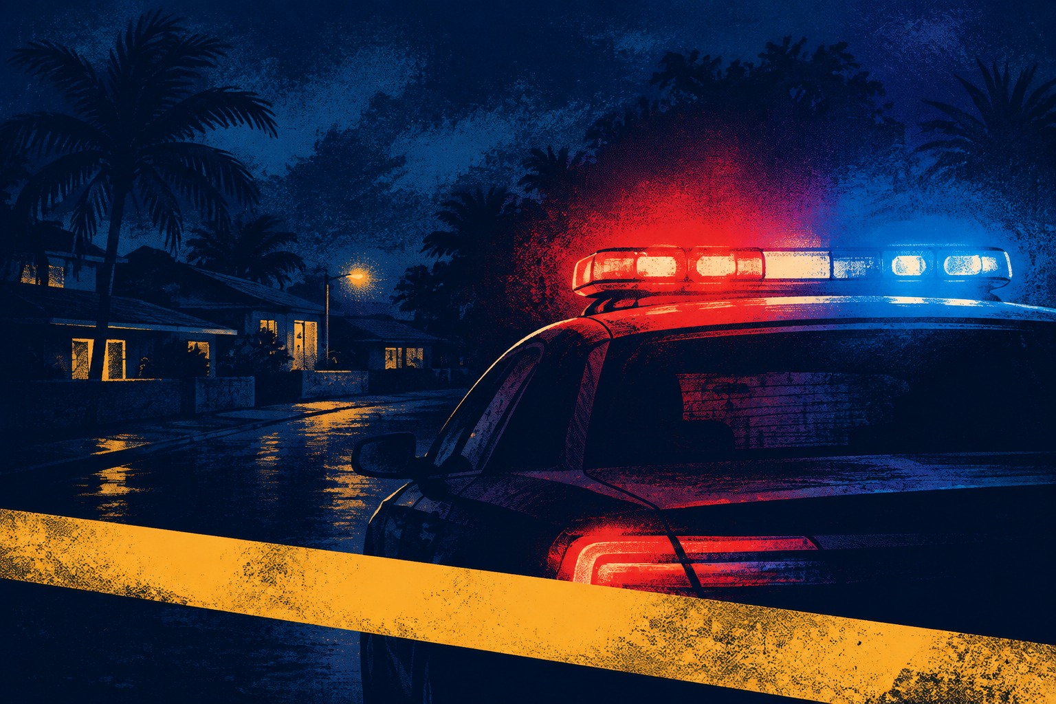 A screen-printed illustration of a generic emergency light bar and yellow scene tape on a palm lined street at night, not a photograph of this event.