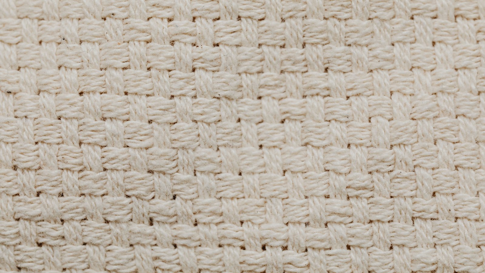 A close crop of undyed cream cotton cloth woven in a basketweave, pairs of thick yarns crossing over and under one another in an even square grid.