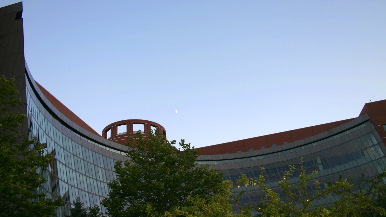 The curved glass and brick elevation of the John Joseph Moakley United States Courthouse in Boston seen from ground level at dusk, a half moon in a clear blue sky above the roofline and leafy trees filling the lower half of the frame. No signage or lettering is visible anywhere.