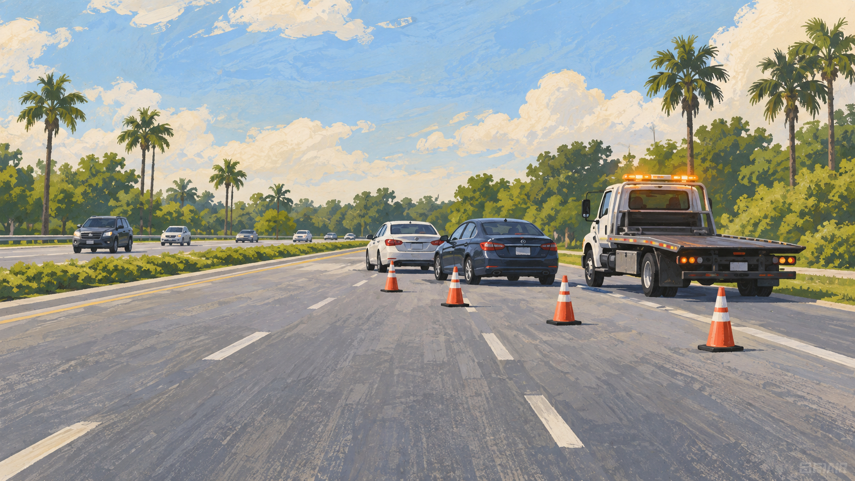A house illustration of a tow truck, cars and cones on a palm-lined boulevard, not a photograph of this event.