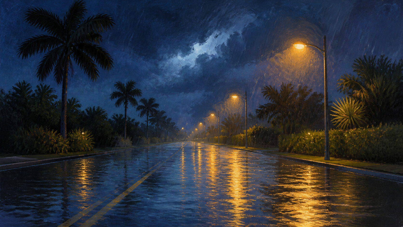 A house illustration of shallow floodwater reflecting streetlights on a palm-lined road at night, not a photograph of this event.