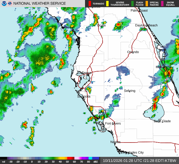 National Weather Service radar at 9:28 p.m. Eastern showing rain bands over and west of Southwest Florida.