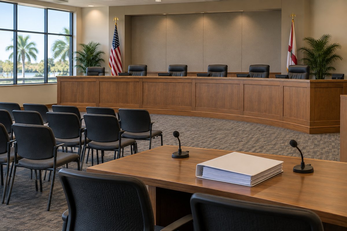 A Money & World house illustration of an empty generic public meeting chamber with a county-style dais. It does not show a Lee County meeting.