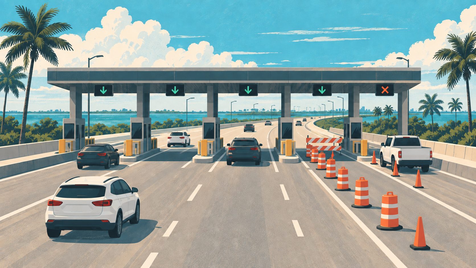 A screen printed illustration of a subtropical toll plaza with one lane closed by orange drums while traffic uses the open lanes, not a photograph of this project.