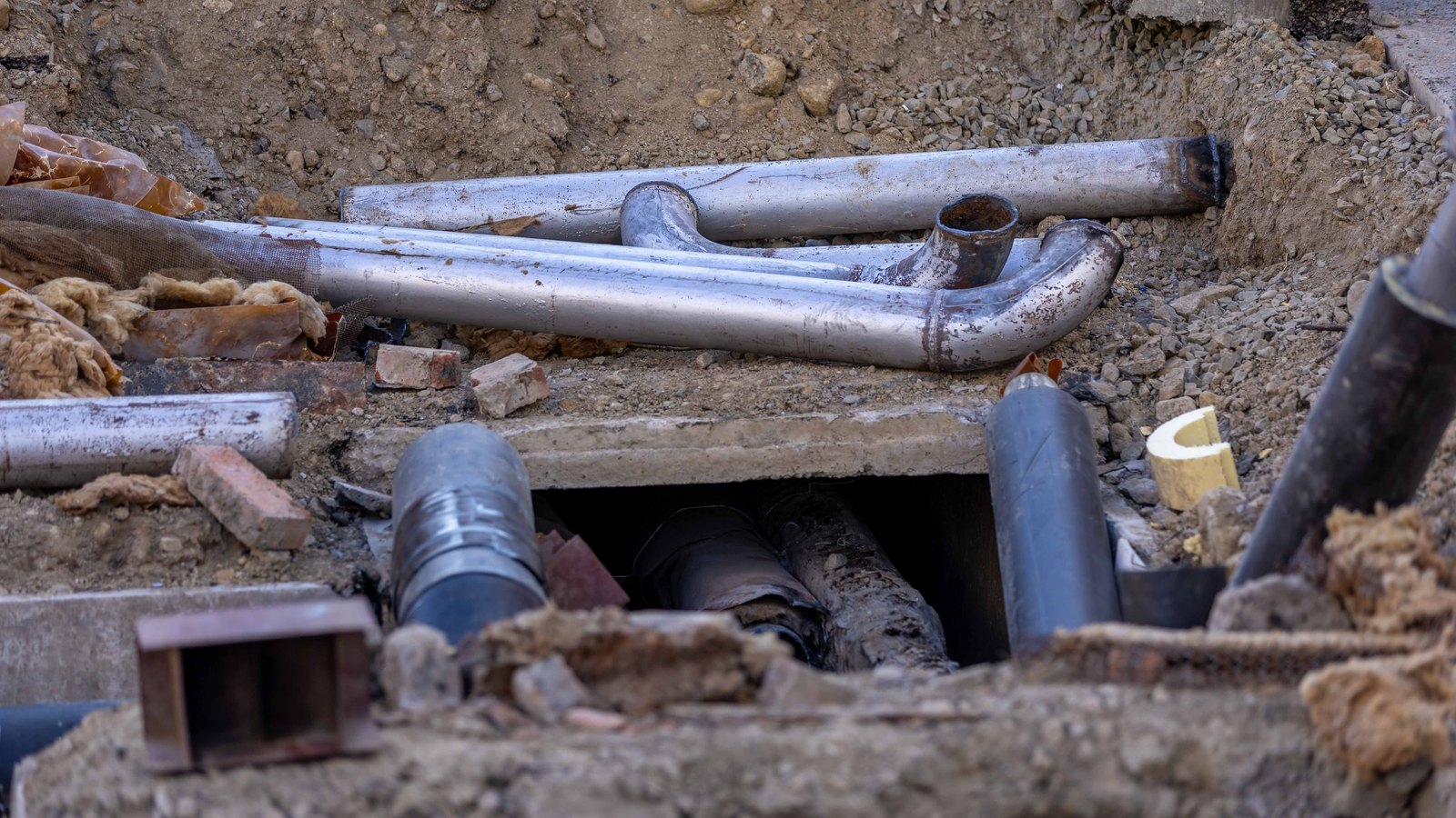 Bare metal pipes and elbow joints lying in an open excavation, surrounded by loose soil, gravel, broken brick and scraps of insulation, with a concrete slab over a dark void below holding further pipework. No people, vehicles, signage or text are in view. A generic illustration of buried pipework, not a photograph of any Lee County Utilities site, and the pipes shown are not identified as water mains.