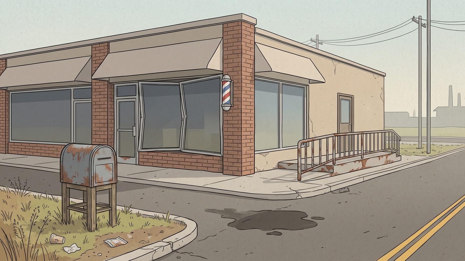 A drawn editorial illustration of a generic storefront with an unlettered barber pole and bent window frames, not a photograph of this event.