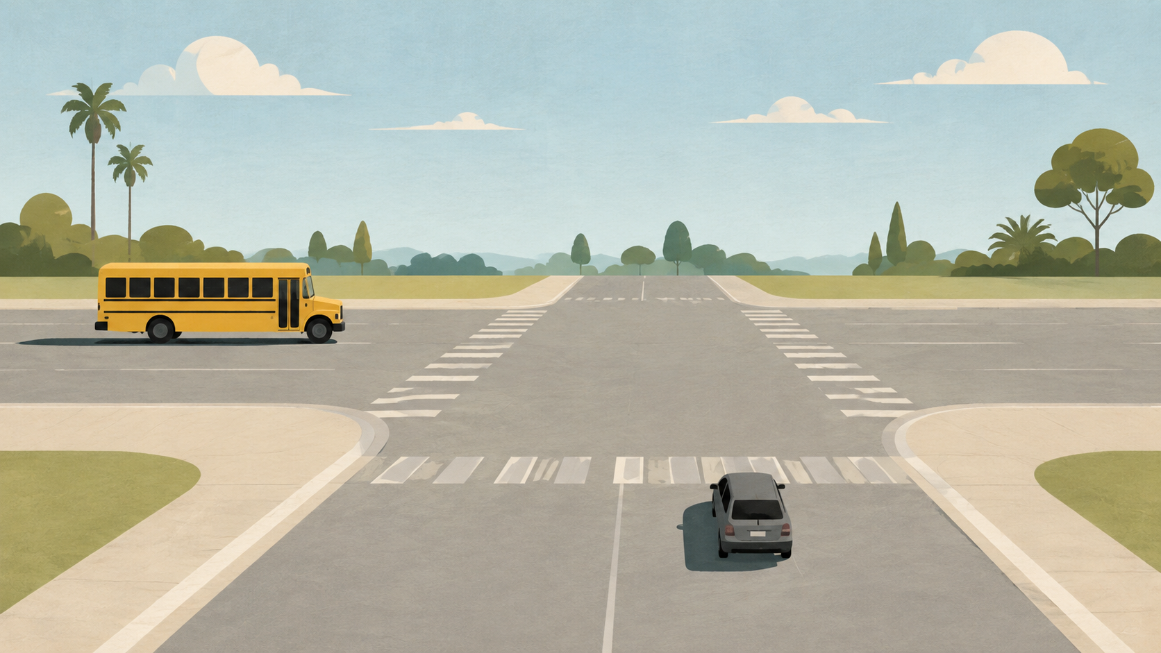 A house illustration of a generic yellow school bus and gray car on separate approaches to an empty intersection, not a picture of this crash.