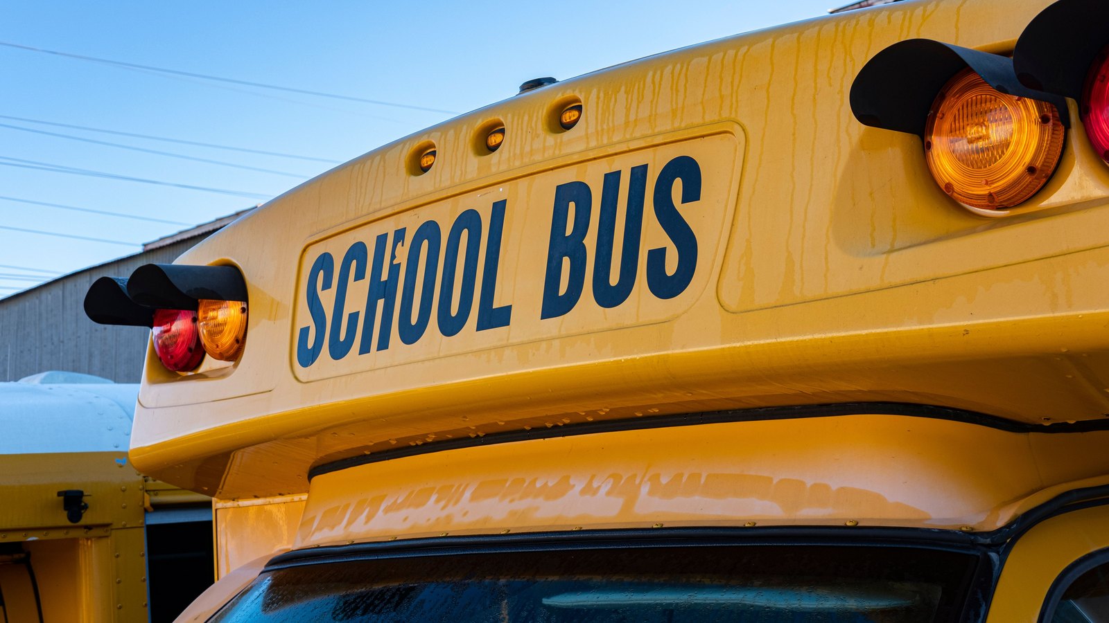A close crop of the front roof edge of a yellow school bus against a clear blue sky, with the generic words SCHOOL BUS in dark blue capitals on the header panel between two amber warning lamps, the top of the windscreen below, and part of a second yellow bus at the left edge. No person, number plate, district name, street or landmark is visible in the frame. Stock photograph, not a photograph of this event.