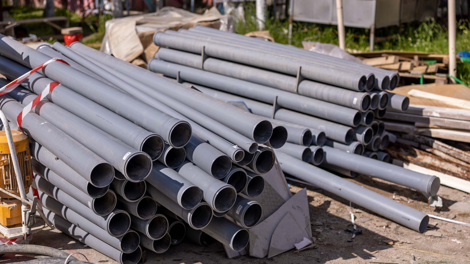 Grey plastic drainage pipes of several diameters stacked in overlapping piles on bare dirt in bright sun, their open ends facing the camera, with lumber and a length of red and white barrier tape behind them.