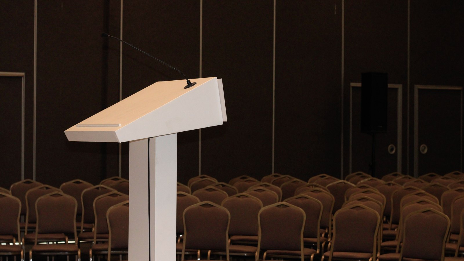 A plain light wood lectern with a slim gooseneck microphone stands at the front of a dim, windowless meeting room, facing rows of empty upholstered banquet chairs that recede into shadow. A loudspeaker on a stand is visible at the right against a dark panelled wall. No person, no signage, no place name and no lettering of any kind is in the frame. Illustration of the kind of public meeting room a canvassing board uses, not a photograph of this event.