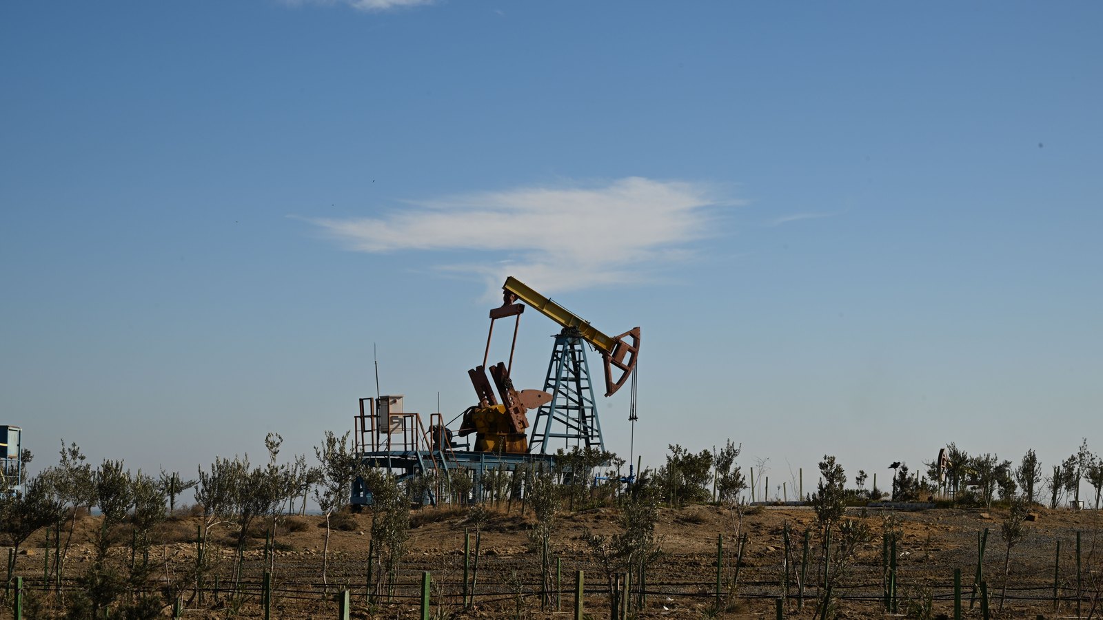 A photograph illustrating oil pump jack field.