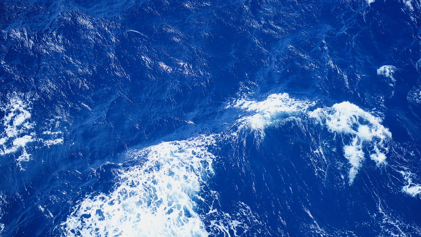 Deep blue open ocean photographed from above, with a long curl of white foam breaking diagonally across the middle of the frame and no land or vessel in sight.