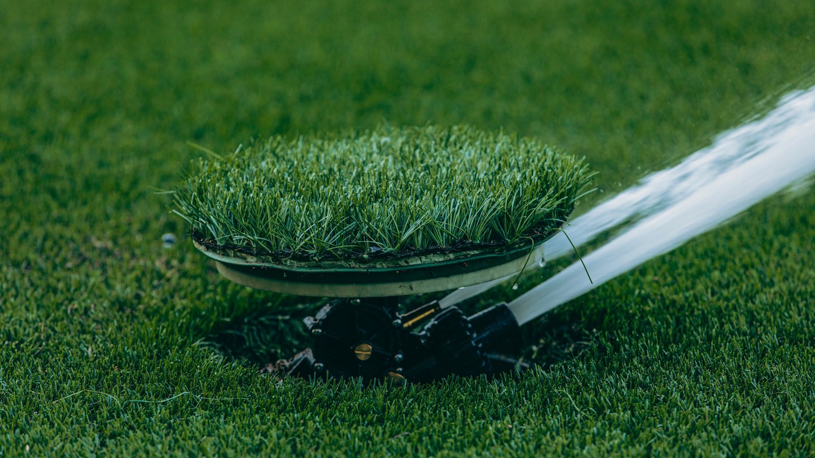 A close photograph of a circular pop-up irrigation sprinkler head seated flush in dense green turf, throwing a single hard jet of water off to the right of the frame. Cut grass fills the picture and the background is thrown out of focus. No people, buildings, vehicles, signage or lettering are visible, and no place can be identified from it. An illustration of reclaimed water used for irrigation, not a photograph of Naples or of this repair.