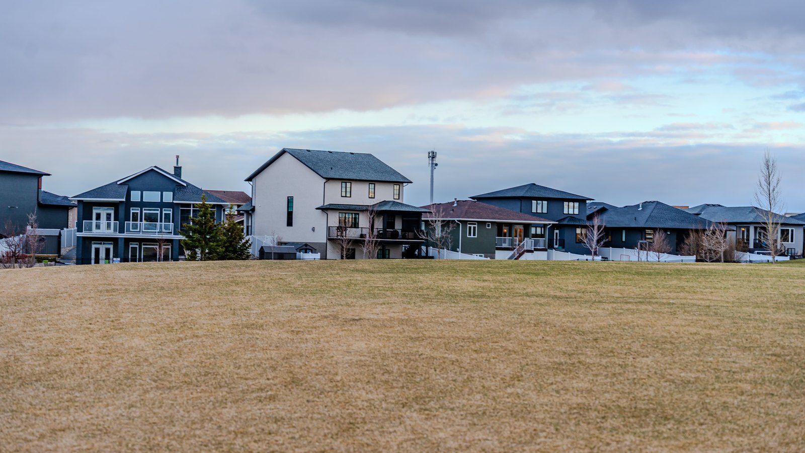A row of large newly built two storey houses along the edge of a subdivision, backing on to a wide field of dormant winter grass under a grey and pink evening sky.