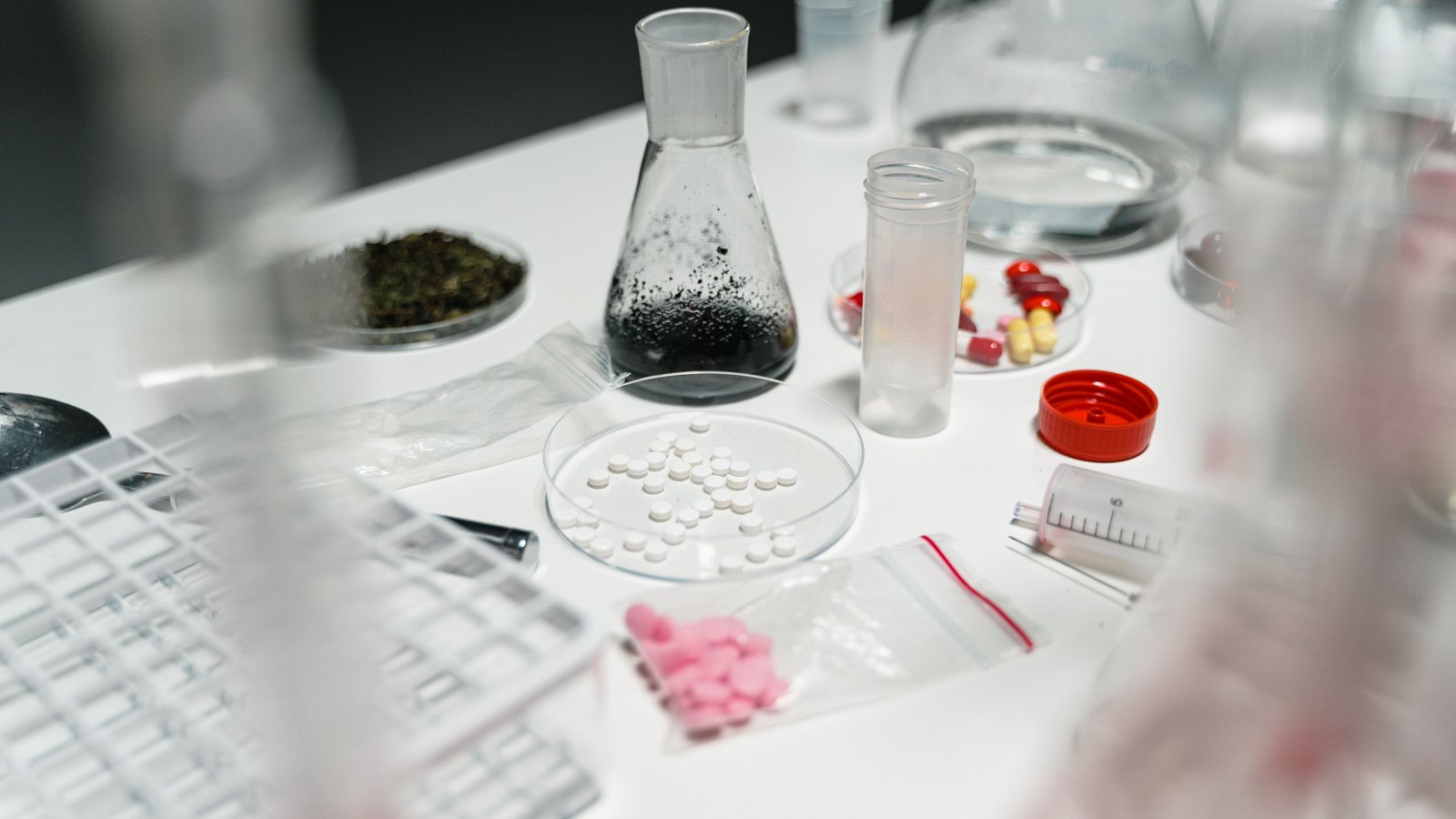 Tablets and laboratory glassware arranged on a work surface.