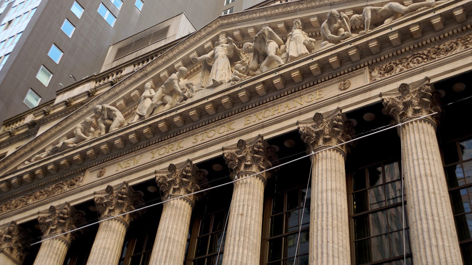 The carved pediment and columns of the New York Stock Exchange on Broad Street.