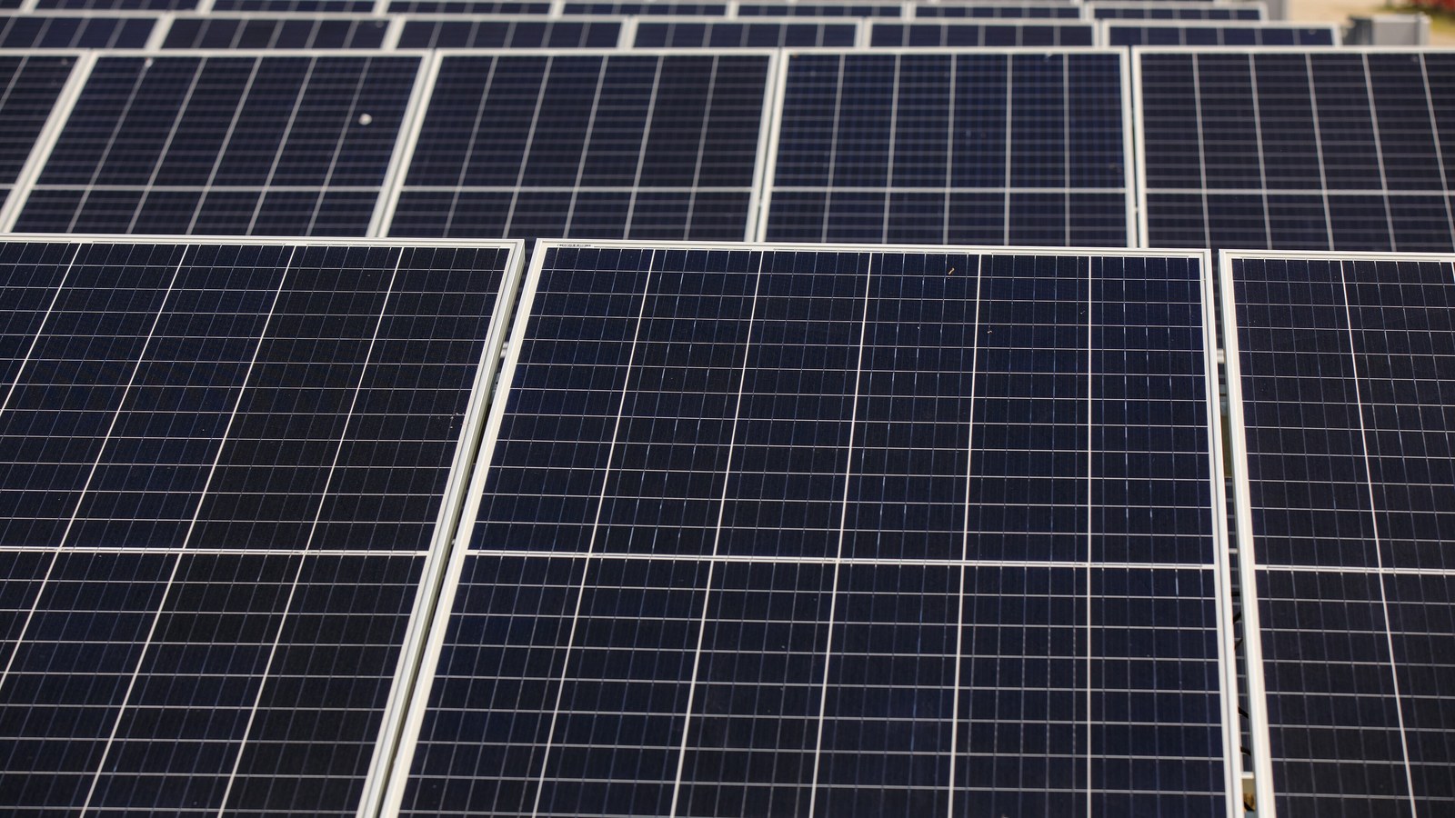 Rows of dark blue solar panels in silver frames at the Discovery Solar Energy Center, an FPL plant at Kennedy Space Center, Florida.