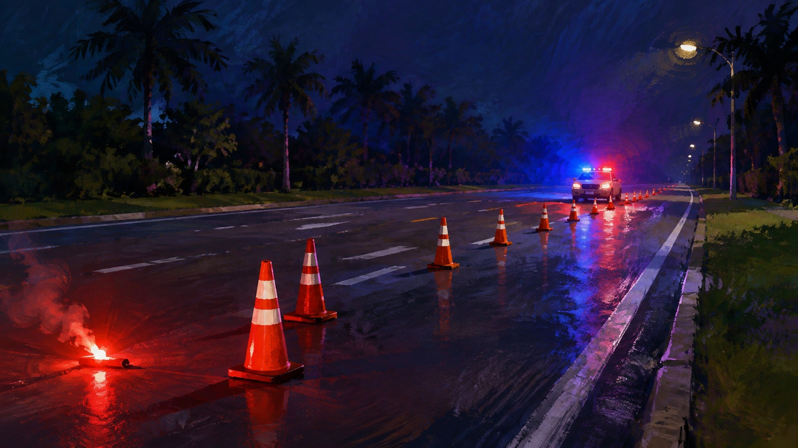 A house illustration of traffic cones and a road flare beside an unmarked emergency vehicle on a palm lined road at night, not a photograph of this event.
