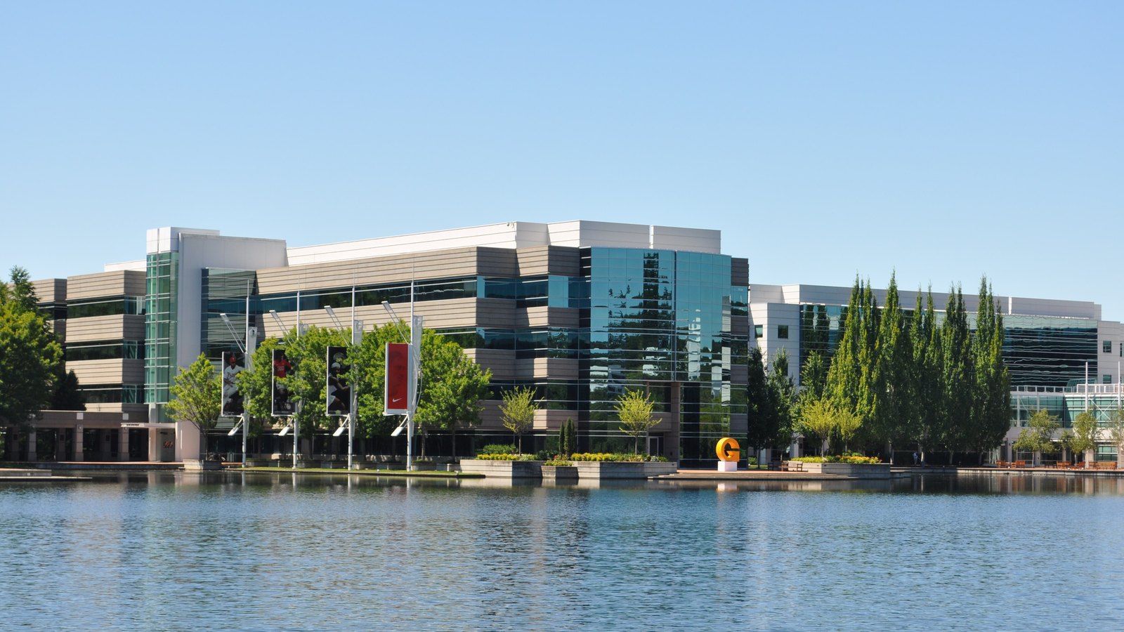 Nike's world headquarters beside a reflecting pool in Beaverton, Oregon.