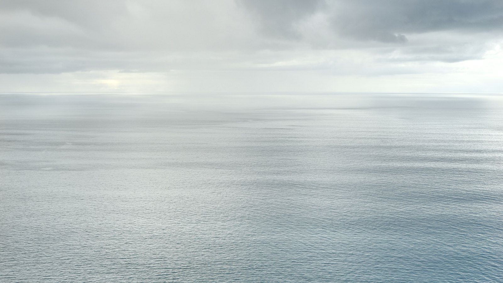Open sea under heavy overcast, the water flat and pale grey to the horizon with no land or vessel in view.