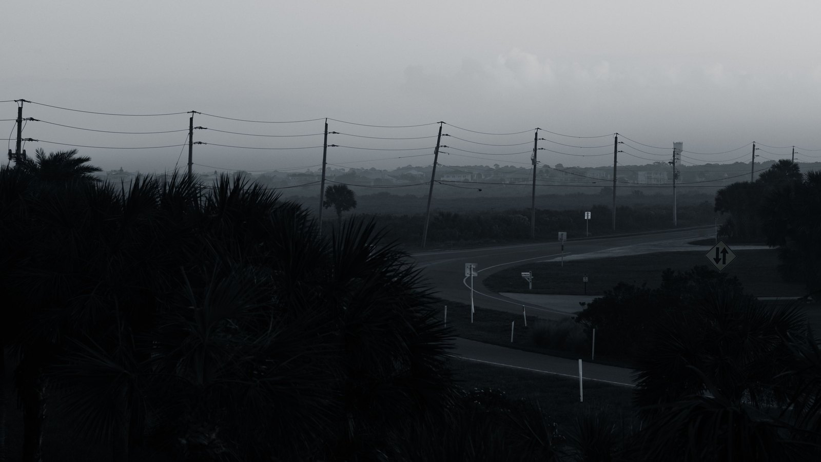 Dark clouds hang over a wet empty road and roadside palms, not a photograph of these storms.