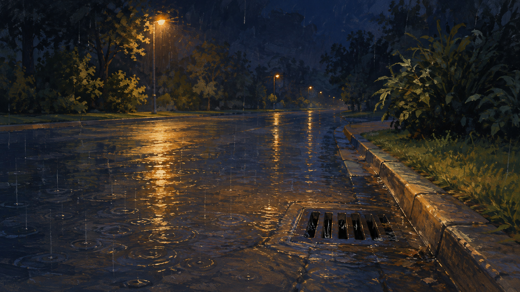 A house illustration of shallow rainwater pooling beside a storm drain on a dark road, not a photograph of this event.