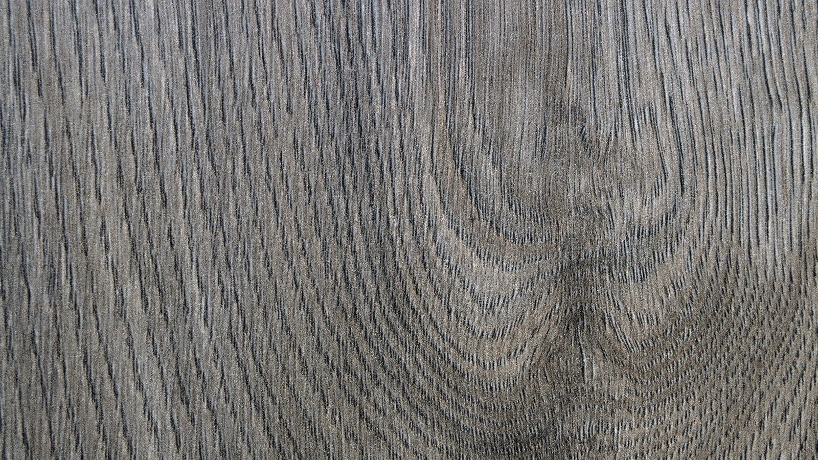 A close photograph of grey oak boarding filling the frame, the open pores of the grain running as fine dark vertical lines with a broad looping figure toward the right, and no object, marking or lettering anywhere in the picture.