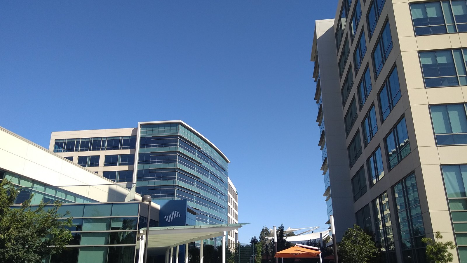 The Palo Alto Networks headquarters campus in Santa Clara, with the company's mark on the entrance building.