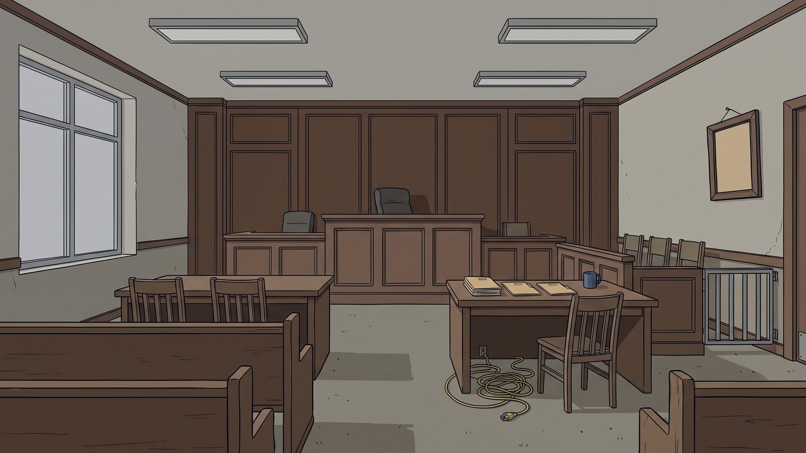 A drawn editorial illustration of an empty generic courtroom with three unlettered folders on a clerk desk, not a depiction of this case.