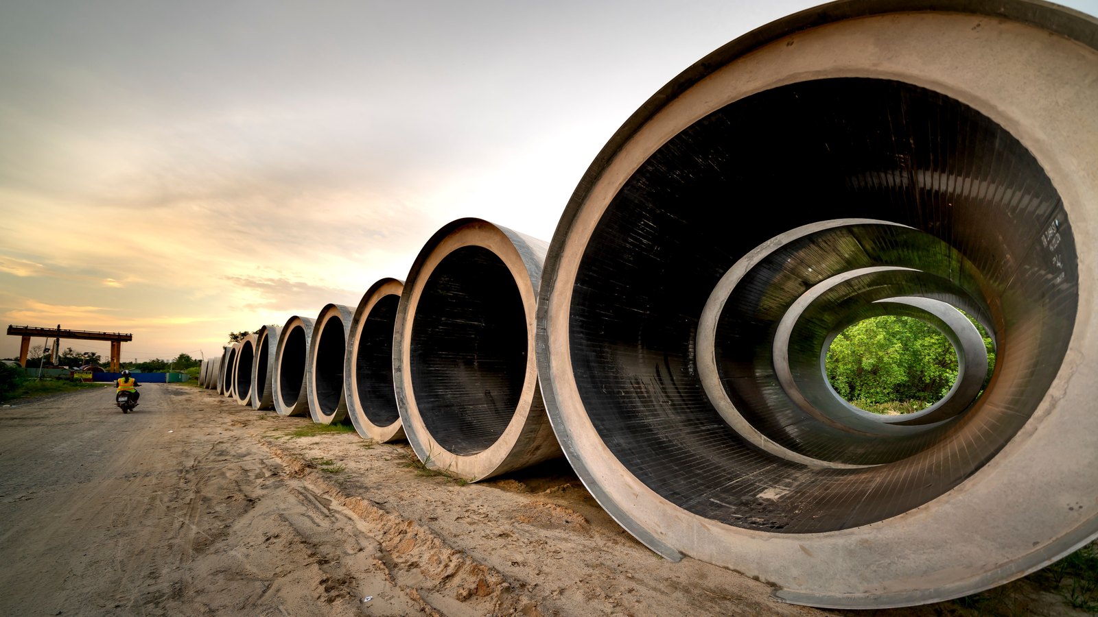 Large concrete drainage pipes sit at a generic construction site. This is not a photograph of this event.