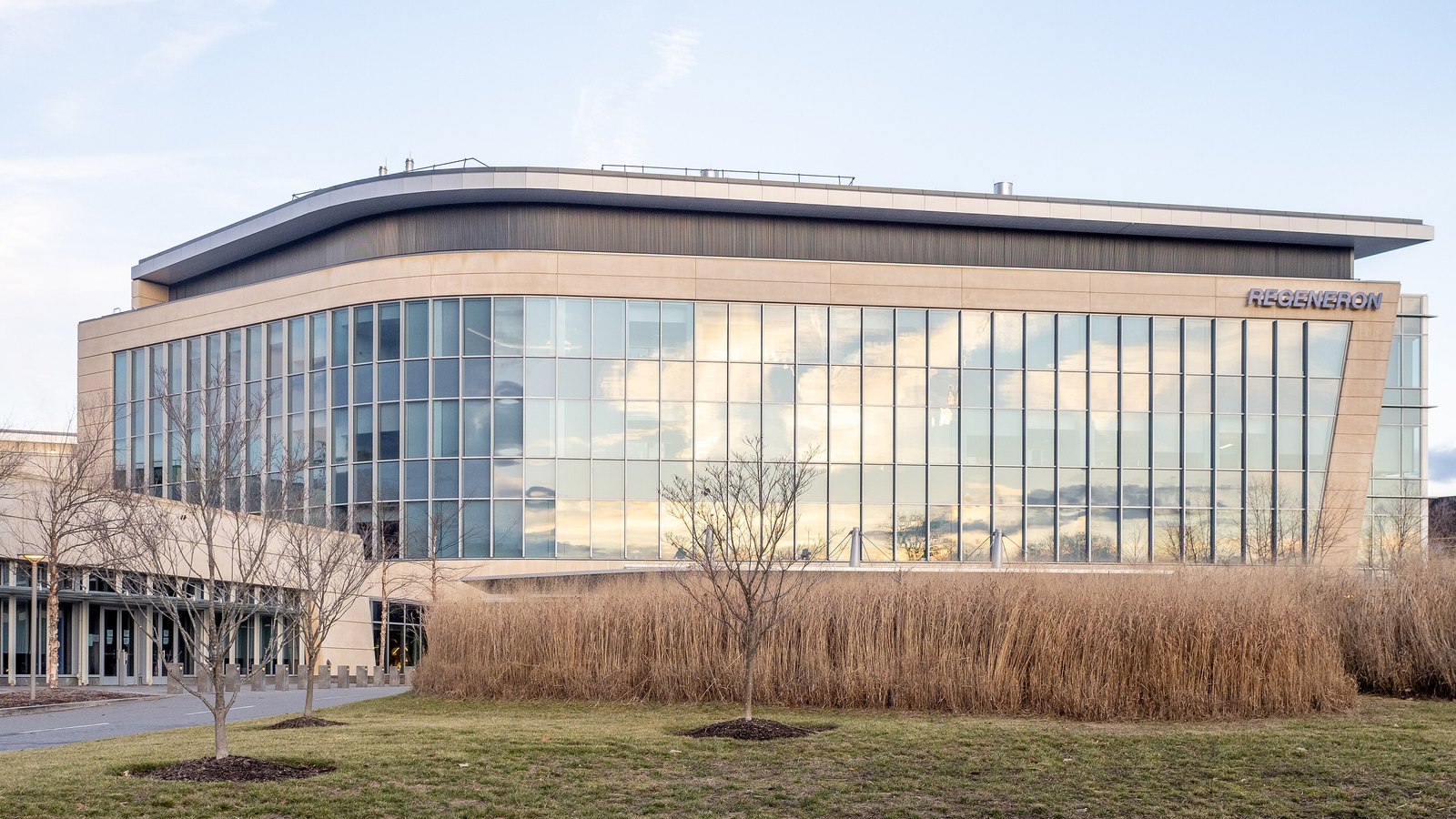 The Regeneron name appears on the company's glass-fronted research building in New York.