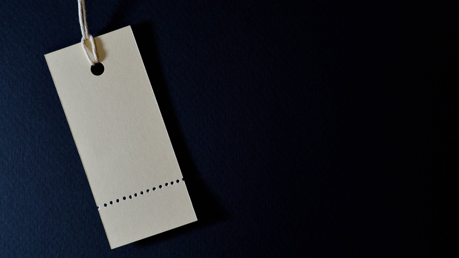 A plain unprinted cardboard price tag hanging by a short cotton loop against a flat dark navy background, the pale buff card filling the left of the frame with a punched eyelet at the top and a row of small perforations across its lower third. Nothing is written on it and no brand, price, person or place is in view.