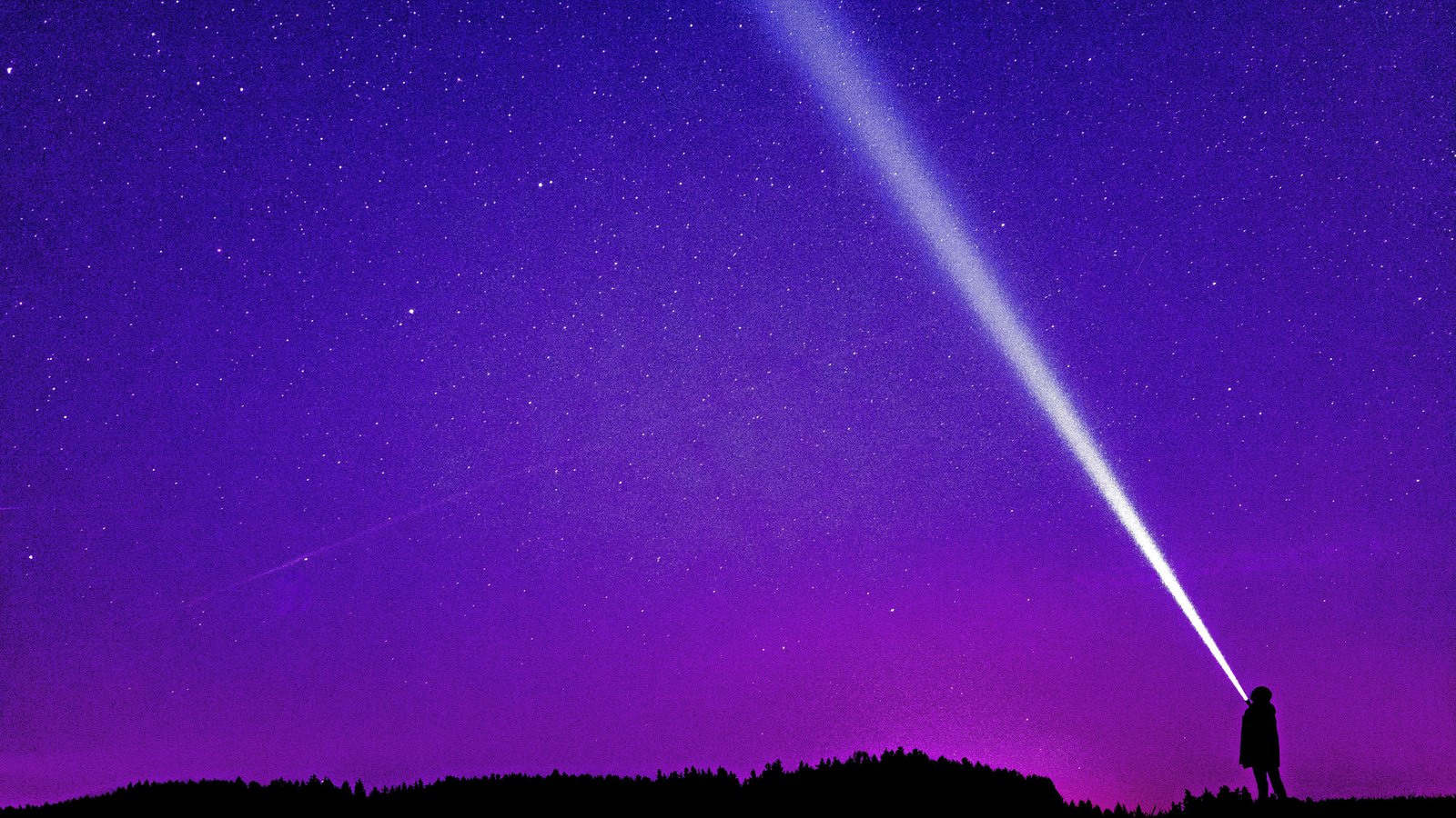 A small unidentified silhouette shines a flashlight into a starry night sky, not a photograph of the Fort Myers search.