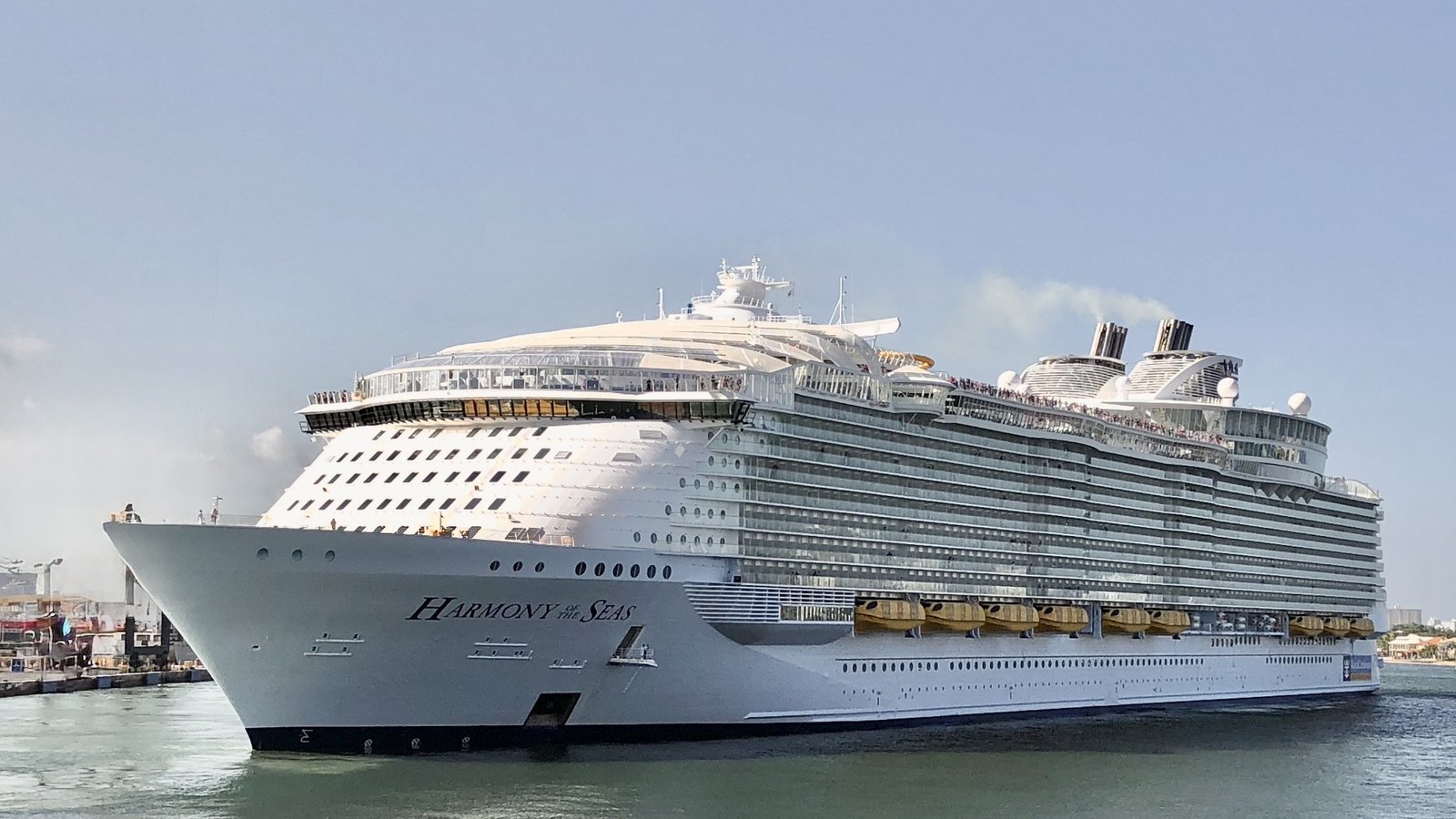 Royal Caribbean's Harmony of the Seas cruise ship sits in port.