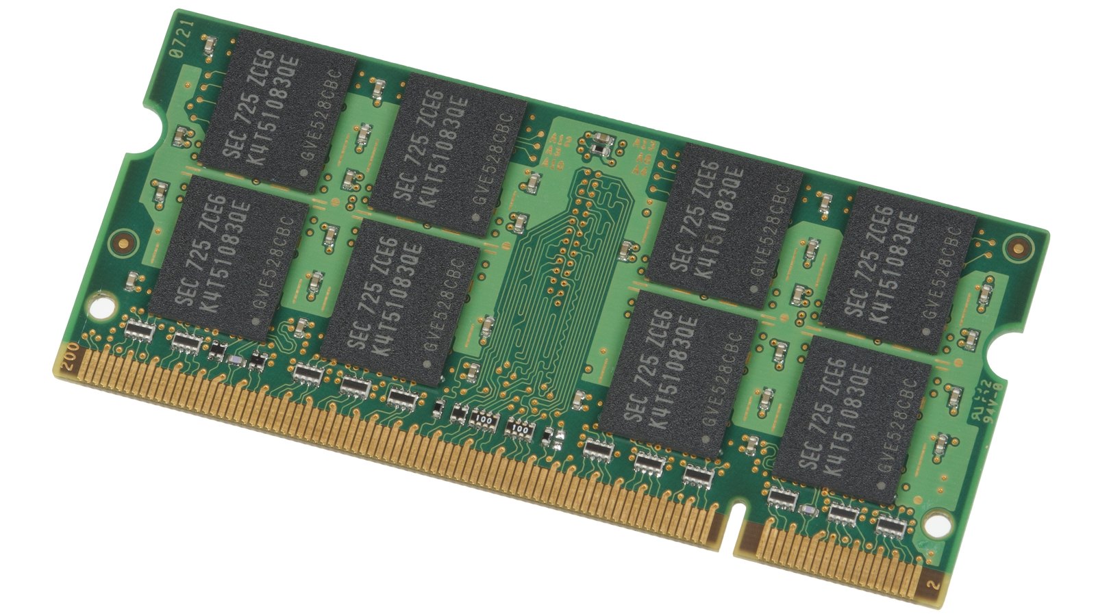 A Samsung DDR2 laptop memory module photographed at an angle on a plain white background. Eight dark rectangular memory packages, each marked SEC 725 ZCE6 and a part number, sit on a green printed circuit board, with a long row of gold contact fingers along the lower edge. No logo, no brand other than the maker part codes, no people and no place are in the frame.