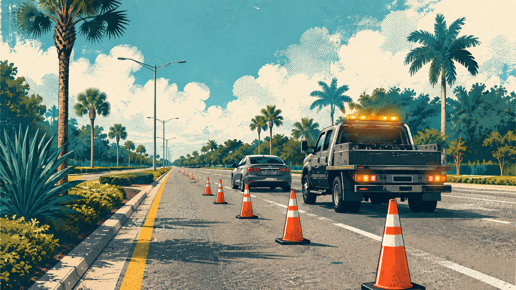 A screen print style illustration of traffic cones, a car and an unmarked service truck with amber lights on a palm lined boulevard, not a photograph of this event.