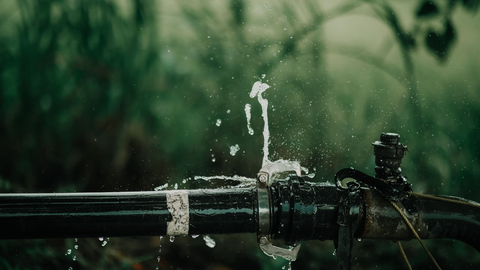 Water sprays from a leaking joint on a black water pipe against a soft green background, droplets scattering in the air. No people, buildings, signage, lettering or landmarks are visible. A generic illustration of a broken water line, not a photograph of this water main break or of Santa Barbara Boulevard.