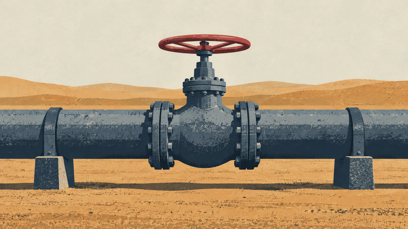 A screen print illustration of a closed steel pipeline valve crossing an ochre desert.