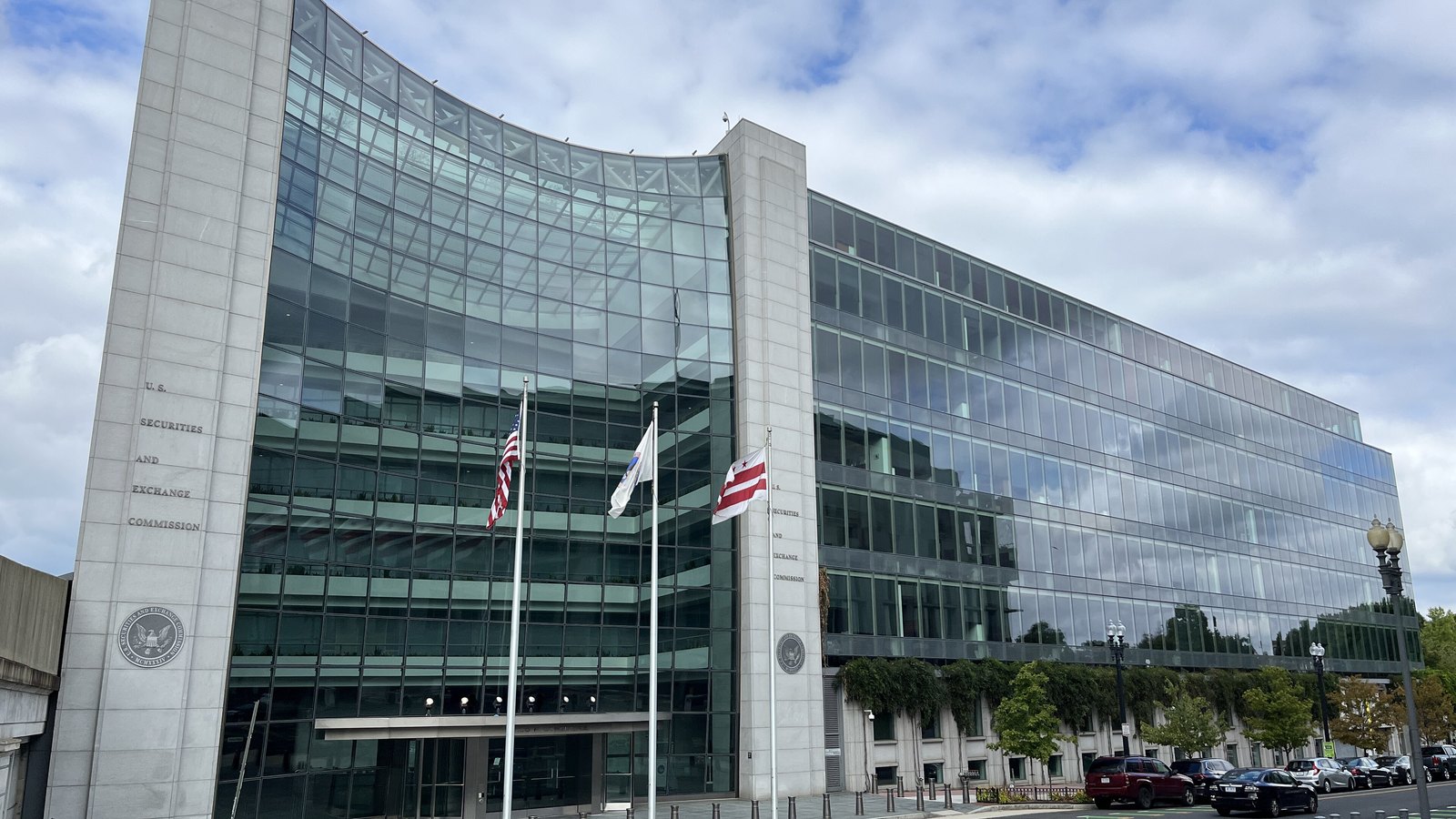 The glass-fronted U.S. Securities and Exchange Commission headquarters on F Street in Washington.