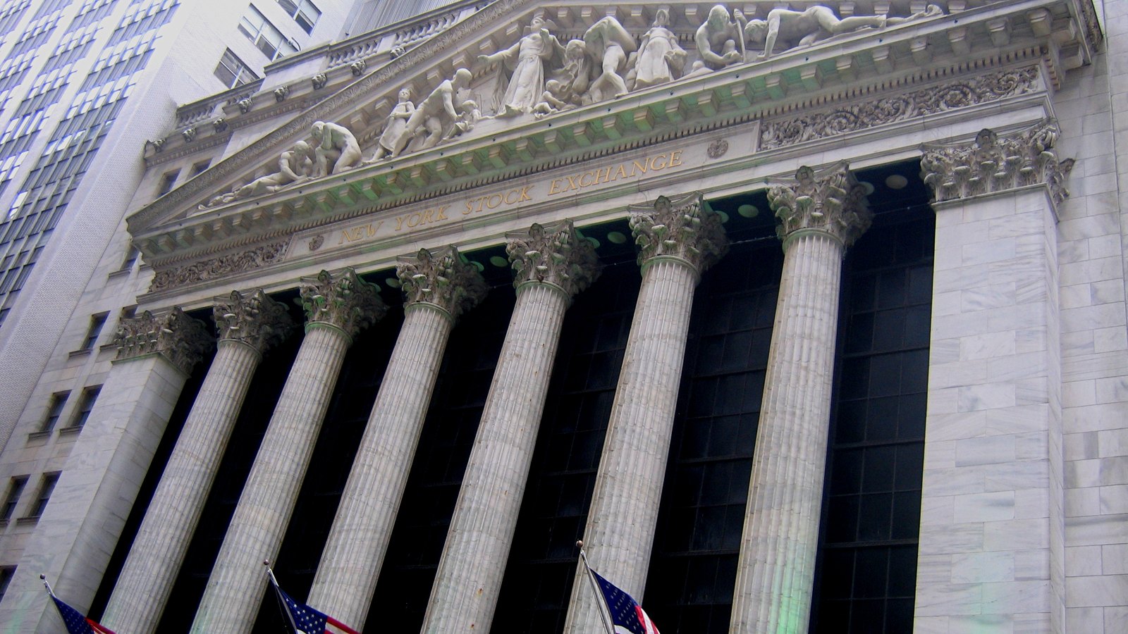 The columned facade of the New York Stock Exchange building.