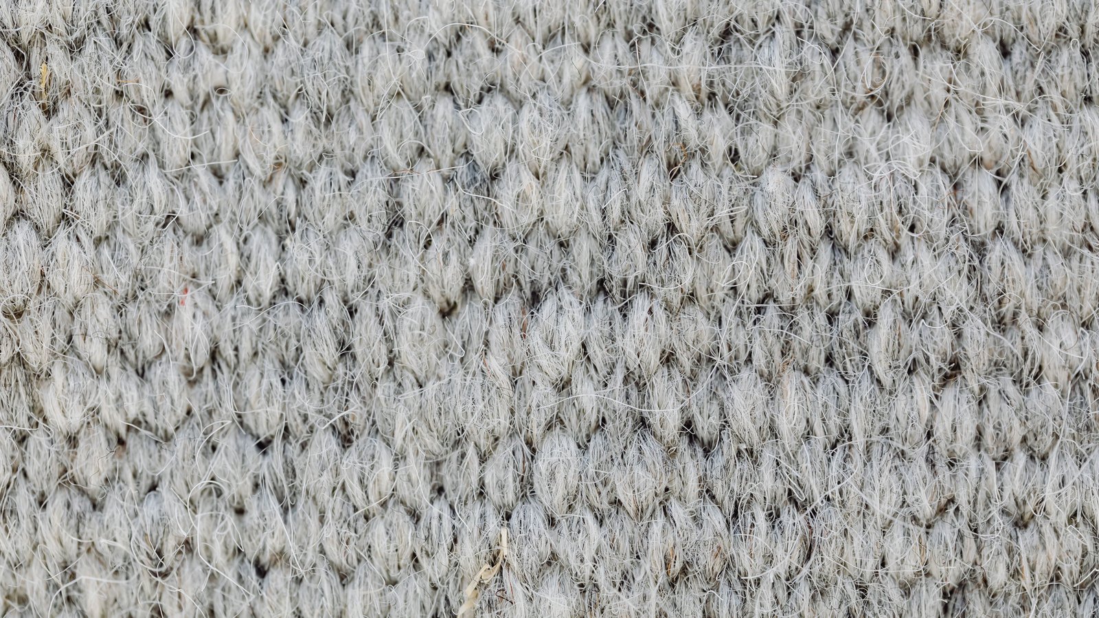 A close photograph of pale grey knitted wool filling the whole frame, the stitches running in even horizontal rows with loose fibres standing up from every loop, and no edge, seam, label or lettering anywhere in the picture.