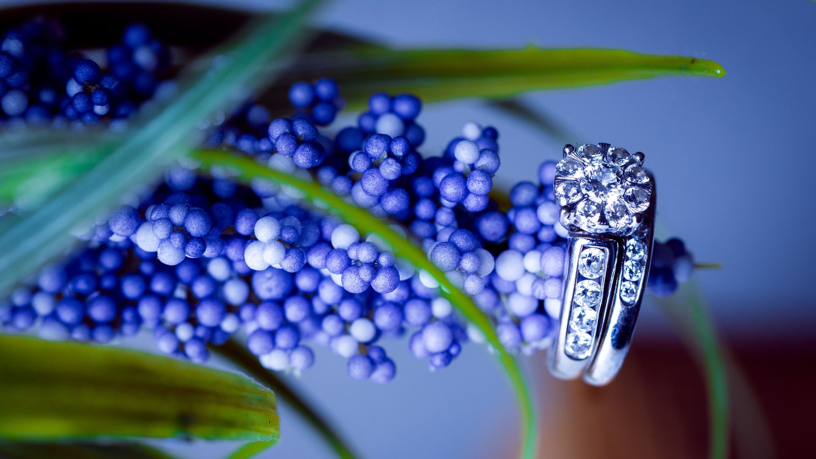 Two diamond rings rest upright among blue flower buds and green leaves.
