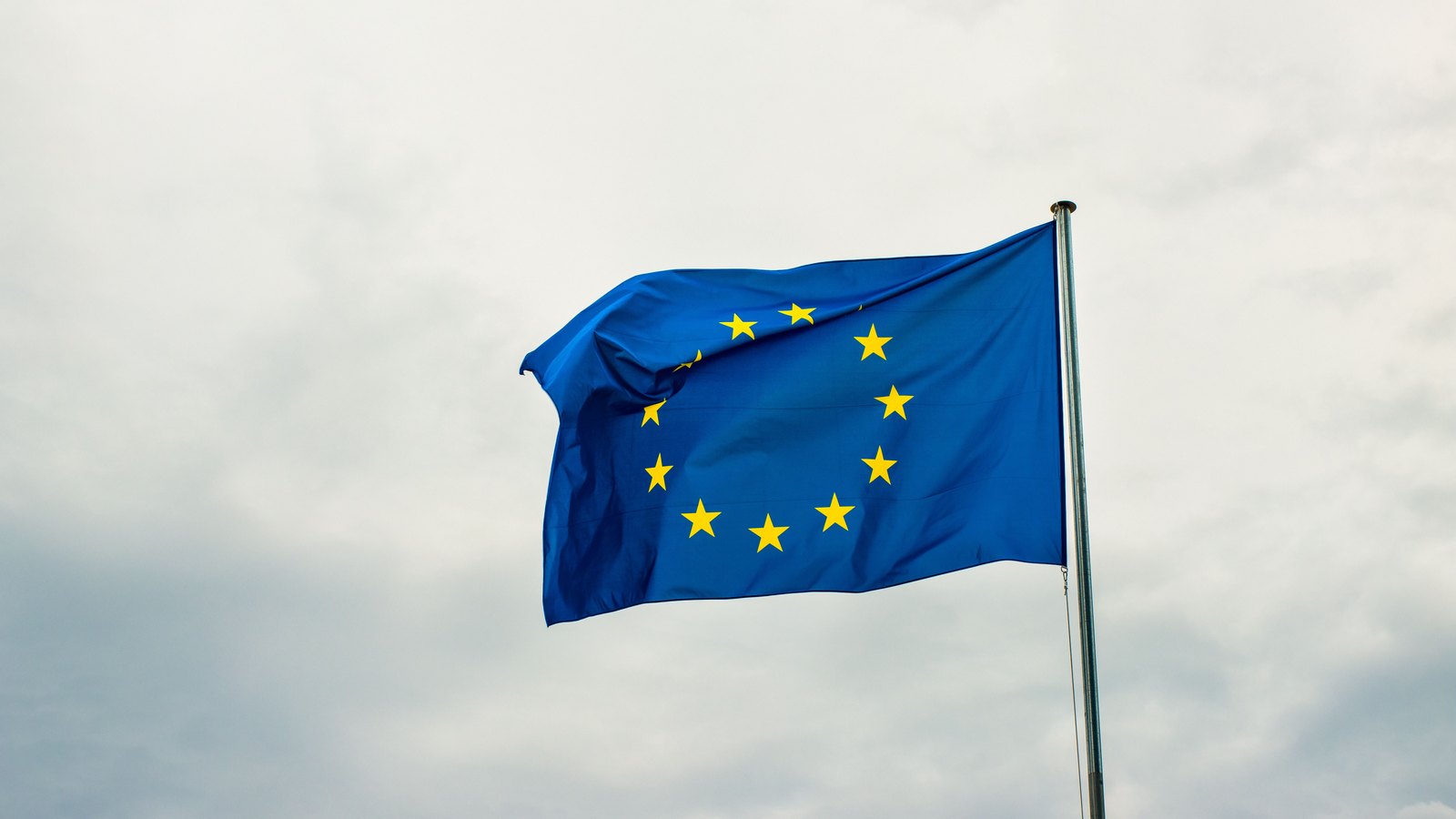 A European Union flag on a plain metal pole, flying out to the left in a strong wind against a flat overcast sky. The flag is a blue field carrying the ring of twelve gold five-pointed stars, and a crease runs across the fly so that the stars on the left of the ring fall into shadow. Nothing else is in the frame.