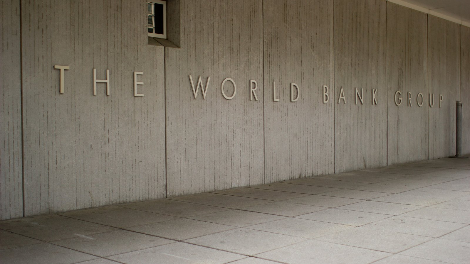 The World Bank Group name on a wall at its headquarters in Washington.