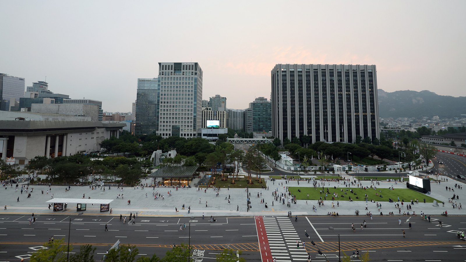 Gwanghwamun Square and the Government Complex Seoul buildings viewed from above.