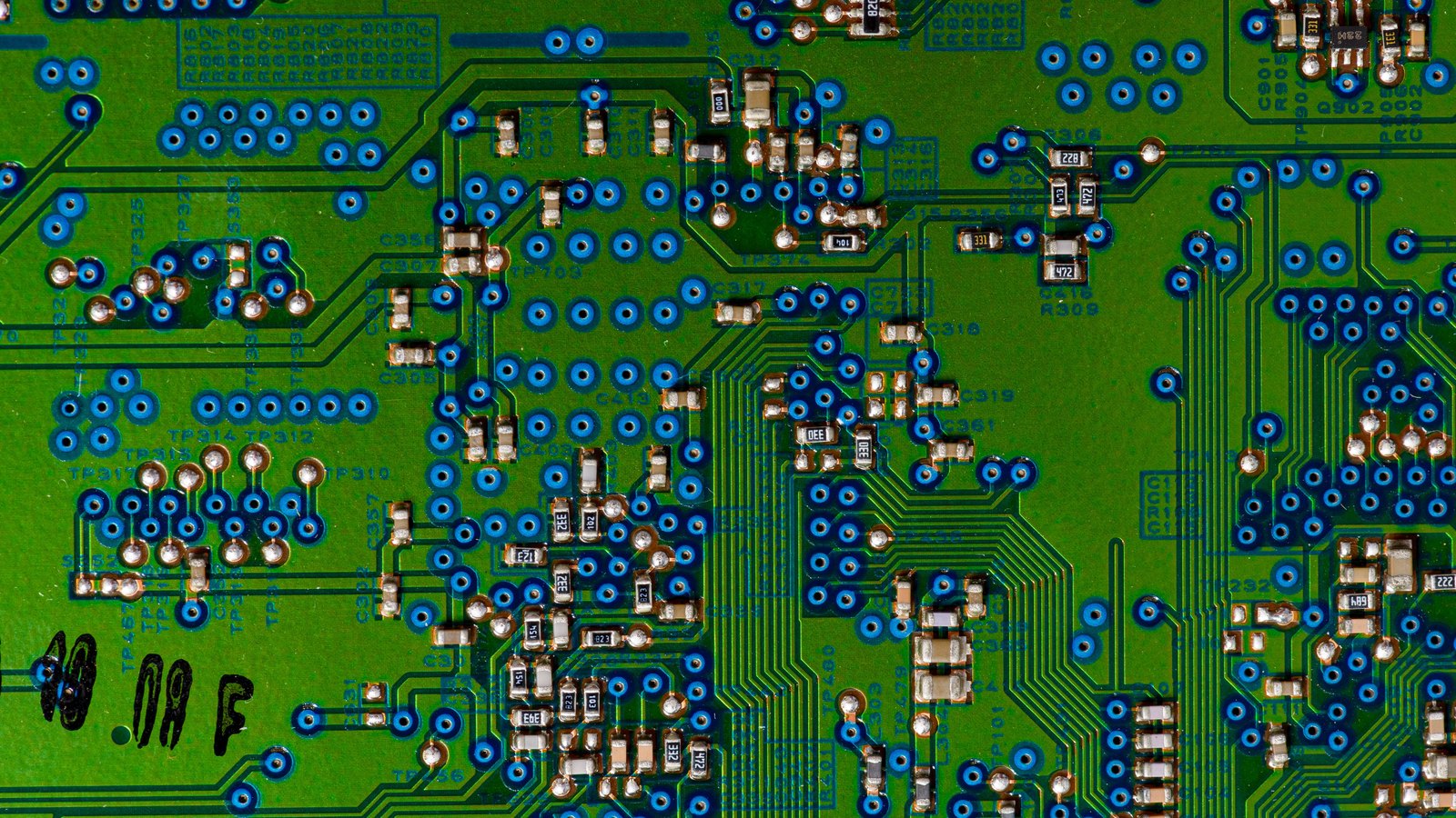 A photograph illustrating circuit board traces macro.