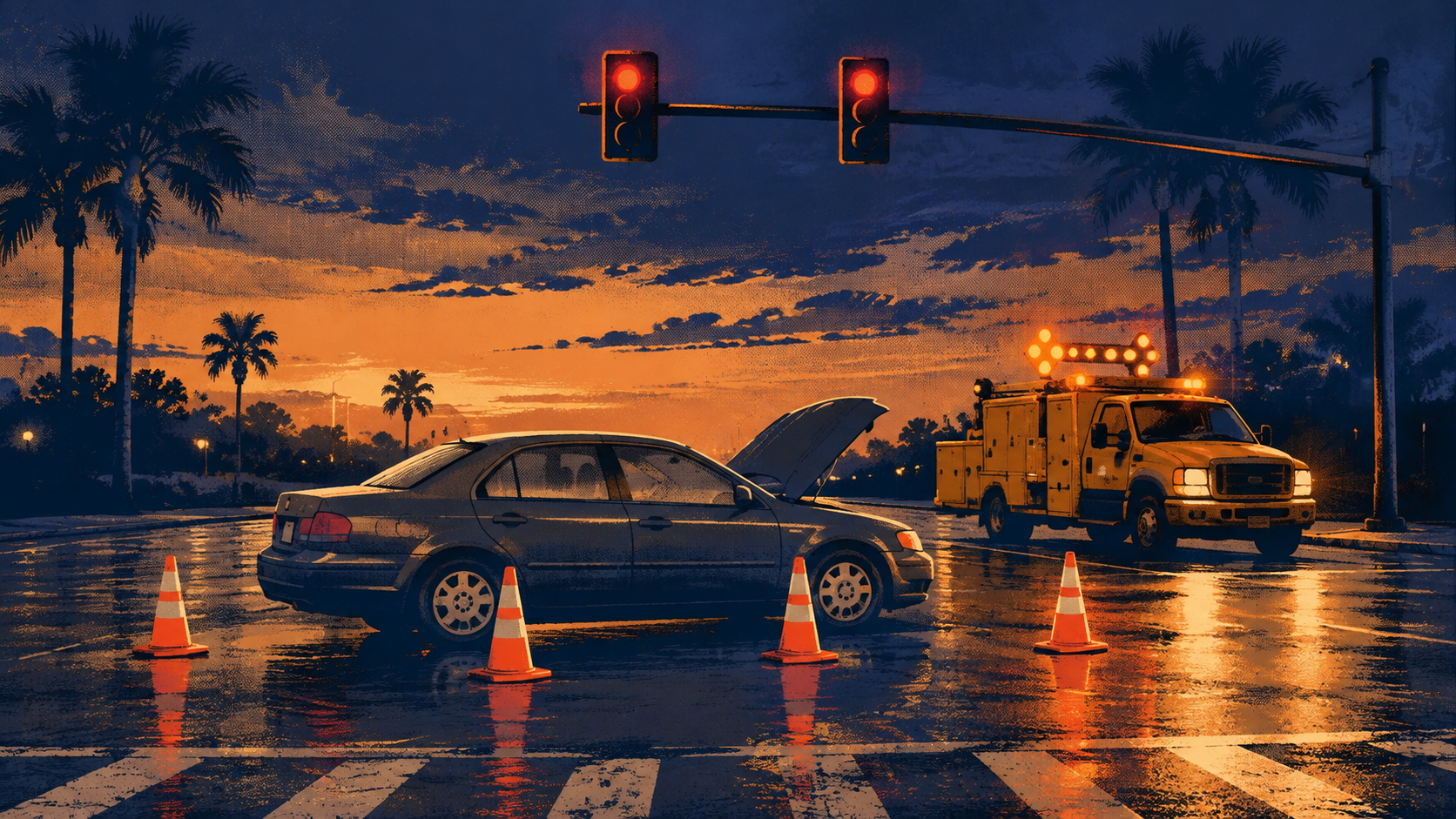 A screen printed illustration of a disabled car, traffic cones and an amber response truck at a palm lined intersection, not a photograph of this event.
