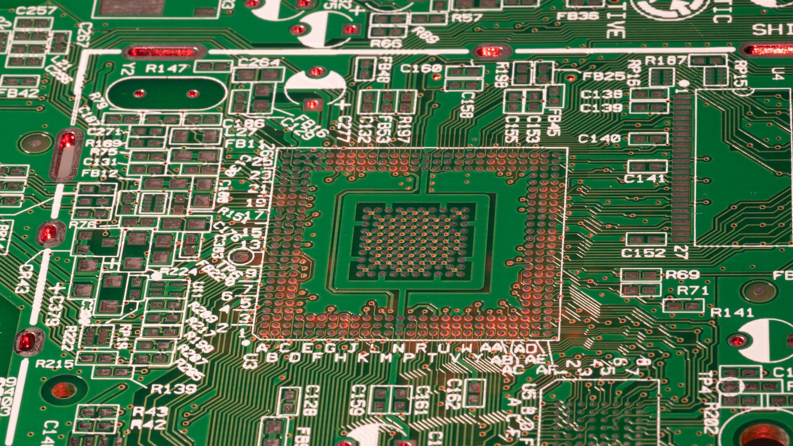 A photograph illustrating circuit board traces macro.